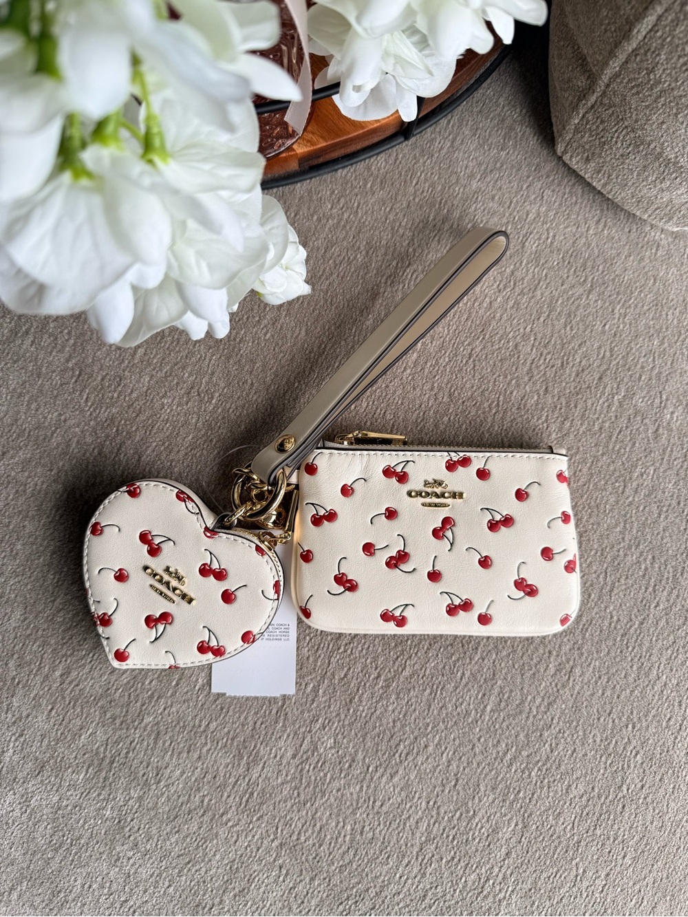 Coach Cherry Print Wristlet Card Case Set - Cream & Red NWT